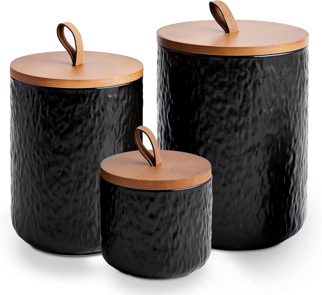 JOJUNO Black Ceramic Canister Set with Wooden Lid, 3-Piece Airtight Food Storage Jars for Kitchen Counter - Flour, Sugar, Coffee, Tea, Spice - Small, Medium, Large Sizes - Stone Texture, Black