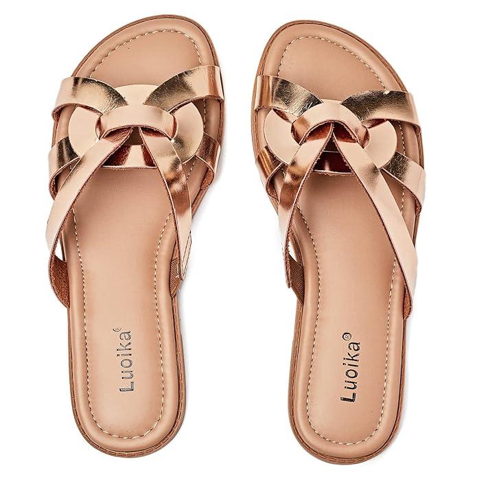 Luoika Women's Wide Width Flat Slides Sandals, Slip on Slide Sandal Casual Comfortable Summer Beach Shoes for Women. 11.5W