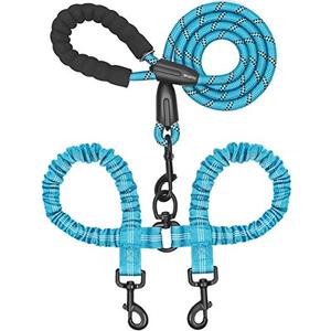 iYoShop Dual Dog Leash - 360° Swivel, No Tangle Walking Leash with Shock Absorbing Bungee for Two Dogs (Medium, 8-35 lbs, Blue)