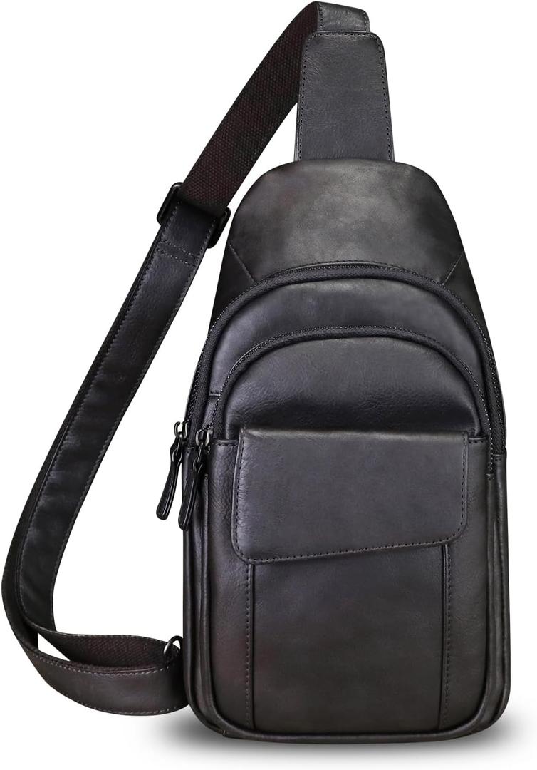Genuine Leather Sling Bag Crossbody Motorcycle Bag Handmade Chest Bag Hiking Daypack Retro Shoulder Backpacks (Black)