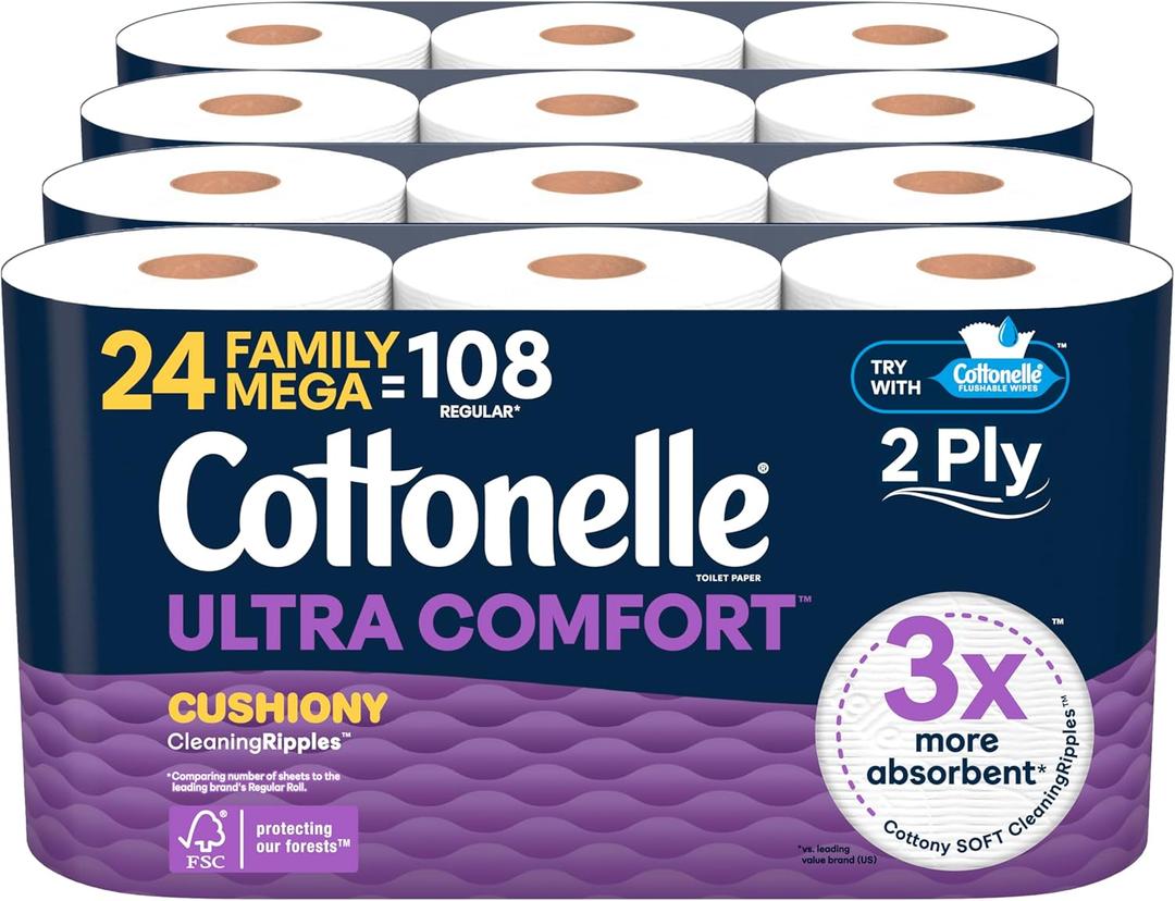 Cottonelle Ultra Comfort Toilet Paper with Cushiony CleaningRipples Texture, Strong Bath Tissue, 24 Family Mega Rolls = 108 Regular Rolls (4 Packs of 6)