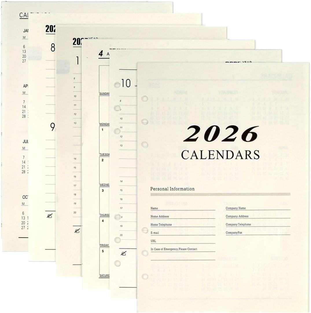 2026 A5 Weekly & Monthly Planner Binder Refill, 5.8"x8.3" 176 Page Planner Refills for A5 Binder, 6-Hole Punched, Daily Planner with Calendar, Contact Pages and Notes (Beige-2026)