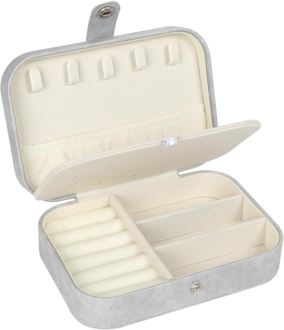 Hatori Travel Jewelry Box, PU Leather Small Jewelry Organizer for Women Girls, Portable Mini Travel Case Display Storage Holder Boxes for Stud Earrings, Rings, Necklaces, Bracelets (Grey)