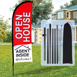 Buryeah 11ft Open House Signs Open House Flag Pole Kit for Real Estate Portable Bag Flag Real Estate Banner Signs for Outside Business Advertising(Red) (Red)