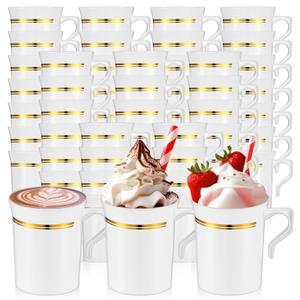 60 Pcs Plastic Coffee Cups with Rim 8 oz Disposable Coffee Mugs with Handle Disposable Tea Cups Espresso Beverage Plastic Mugs for Wedding (White, Gold)
