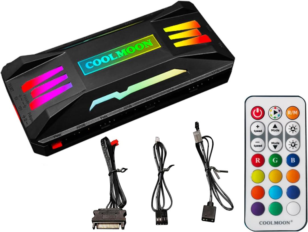 PC Fan ARGB Controller Integrator, Remote Control Computer ARGB Light Change Adapter, 8 PWM Fan Speed Controller Ports, 10 5V ARGB Ports for Fan/Light Bar,Magnetic Installation (Black