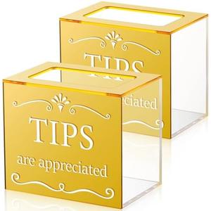 Vesici 1 Pcs Acrylic Tips Jar Donation Tip Bucket 6 x 4 x 5 Inch Collection Money Storage Container Suggestion Box Raffle Cash Box for Bartender Bars Restaurants Musicians Driver Coin (Gold)