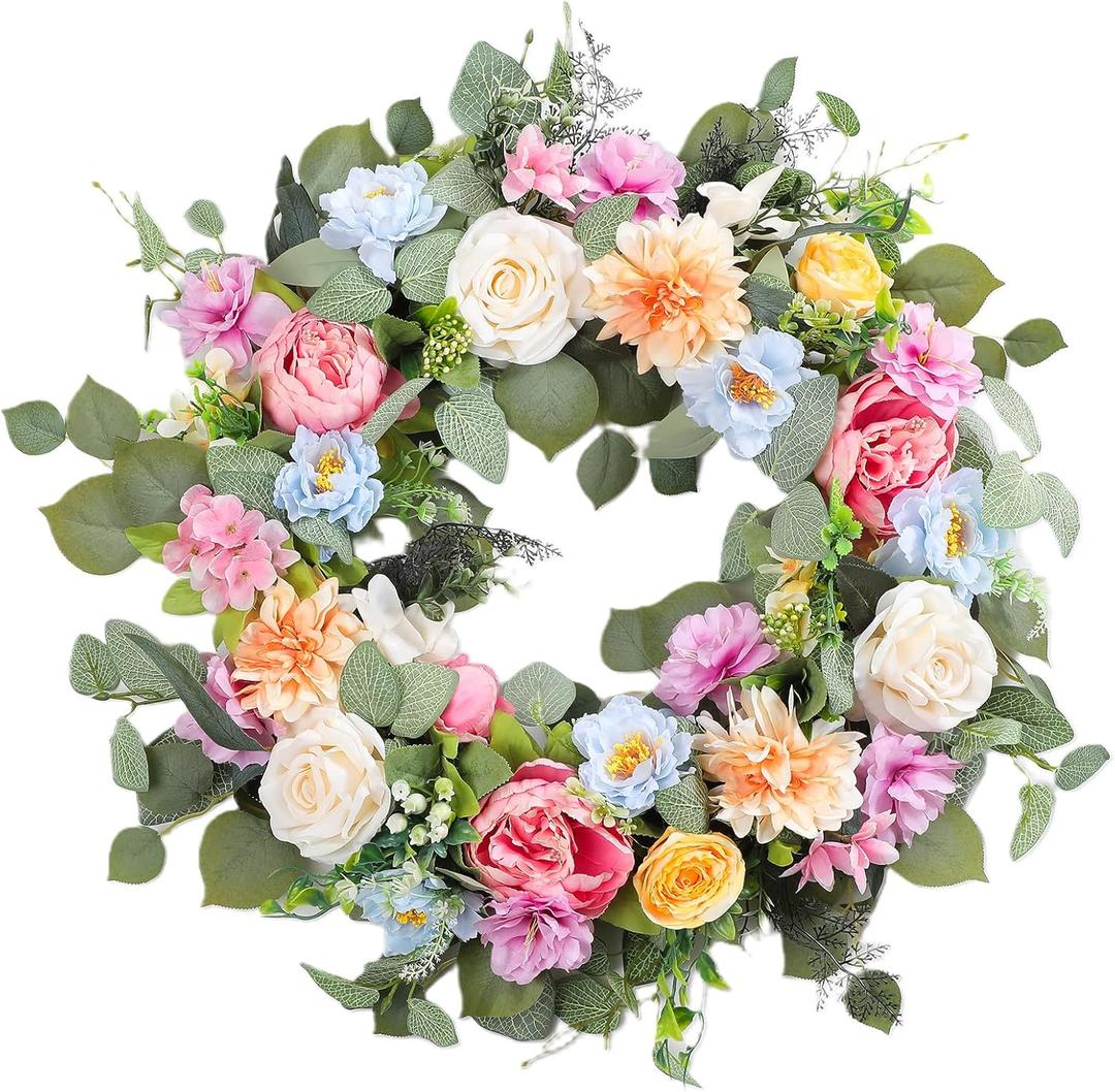 Spring Wreaths for Front Door,Summer Wreath with Peony Rose and Dahlia Flowers,24 Inch Floral Door Wreath for All Seasons Outside Outdoor Indoor Wall Wedding Holiday Home Decor (Multicolor)