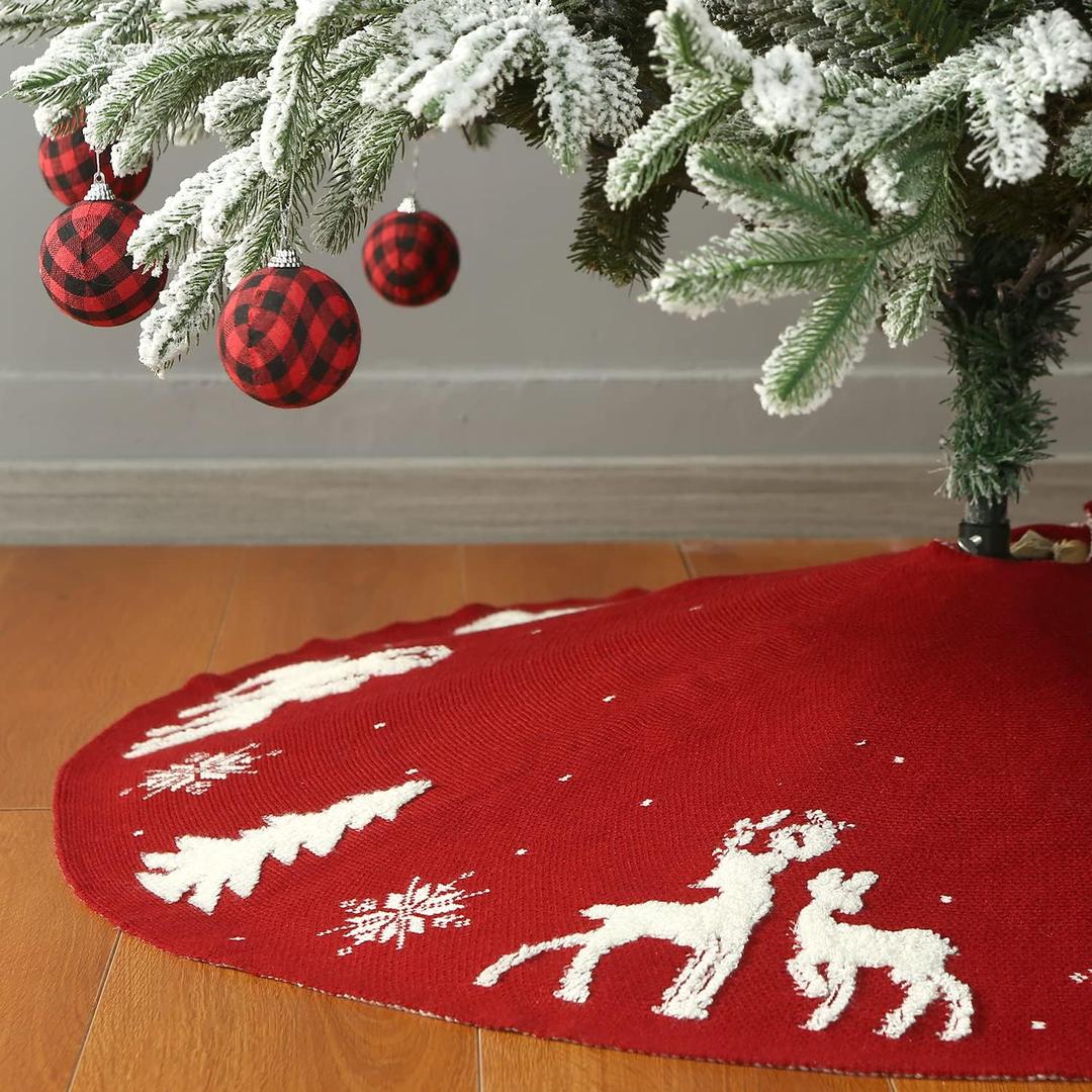 Sattiyrch Knit Christmas Tree Skirt,Luxury Cable Knitted Thick Rustic Xmas Tree Decoration (Red 3D, 36")