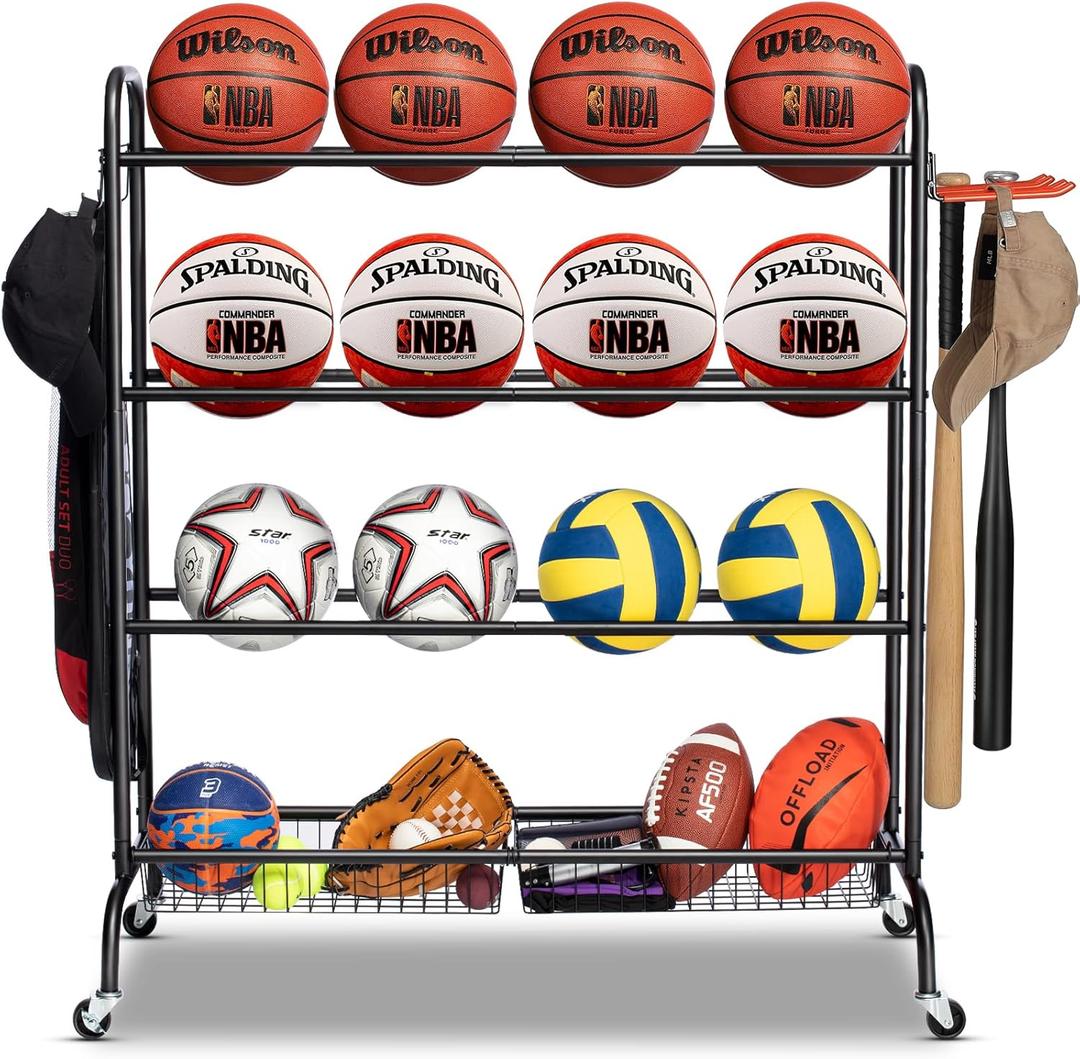 Basketball Rack, Rolling Basketball Shooting Training Stand,Sports Equipment Storage with Wheels, Four-Layer Organizer Holder with Two Basket for Basketballs Footballs Volleyball (Black)