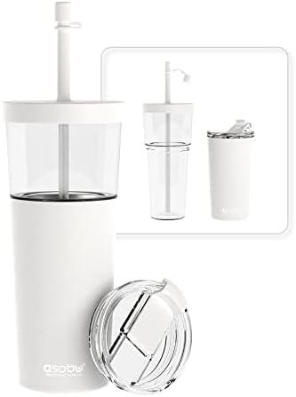 asobu ClearInsulation Flexi Straw Tumbler Marina a Tritan 28 oz Tumbler with 17 Oz Stainless Steel Insulated Sleeve for Ice Coffee or Hot Tea (White)