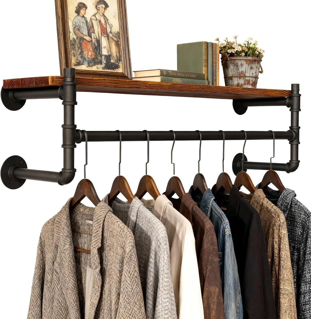 WEBI Wall Mounted Clothes Rack with Shelf,36" Industrial Pipe Clothing Rack with Shelf with Hanging Rod,Heavy Duty Iron Garment Rack Bar,Retail Display Clothes Rod for Laundry Room,Closet,Black