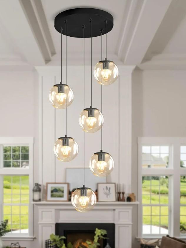 6-Light LED Staircase Modern Glass Globe Pendant Light Large Chandeliers for High Ceilings, Entryway Lighting Fixture Villas and Stairs (Black-Clear)