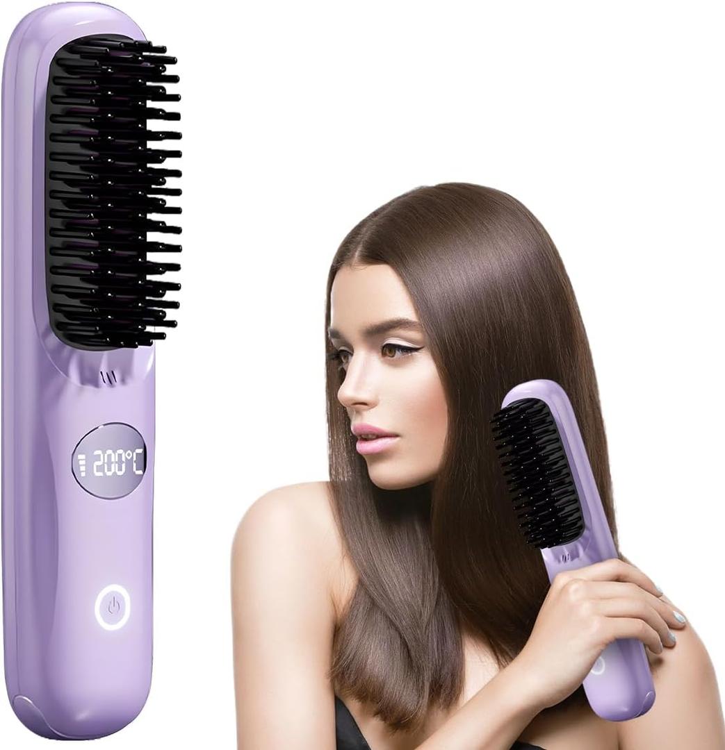 Go Brush, Multifunctional Hair Straightener Brush with 3 Temperature Settings and LCD Display, Portable Straightening Brush for Smooth Hair, Fast Heating Hair Styling Tool for Daily Use (Purple)