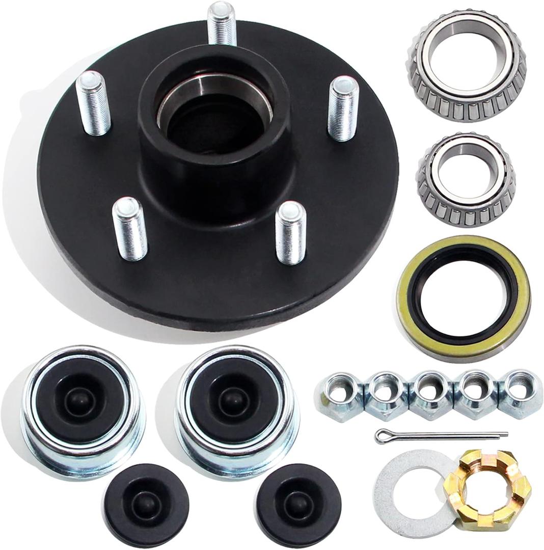 1 Set Trailer Hub Kits 5 on 4.5 for 3500 lbs 1-1/16'' to 1-3/8'' Tapered Axle, Idler Hub with Extra Dust Caps & Rubber Plugs, 5x4.5 Trailer Replacement Hub 5 Lug Bolt Trailer Wheel Hub Kit