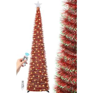 6 FT Pop Up Christmas Tree with 100 LED Timer Lights & Remote, Red Collapsible Christmas Tinsel Tree Artificial Pencil Tree Xmas Decoration for Holiday Home Office Party, USB Powered (Red - Green Edges)