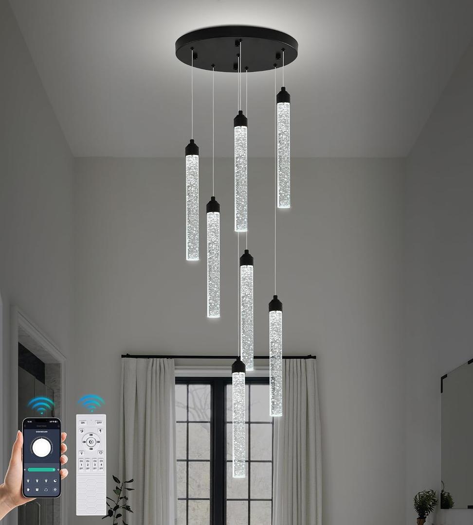 Crystal Staircase Chandelier, Modern Black Spiral Dimmable LED Cluster Raindrop Foyer Chandelier Lighting, Bubble Living Room Hanging Light Fixture 7 Light Remote Control, 11.8 Inches