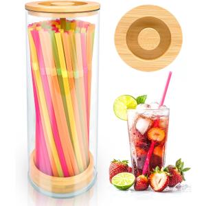 Straws Holder Dispenser for Counter, 10-Inch Drinking Straw Dispenser,Acrylic Straw Organizer with Bamboo Lid,Includes 100 Straws,Transparent Straw Storage Container for Kitchen,Pencils and Silverware