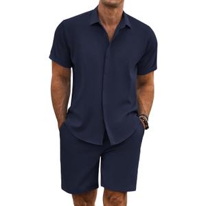 COOFANDY Men's Summer Beach Outfits 2 Piece Short Sleeve Shirts and Shorts Vacation Texture Linen Sets for Men (Blue)