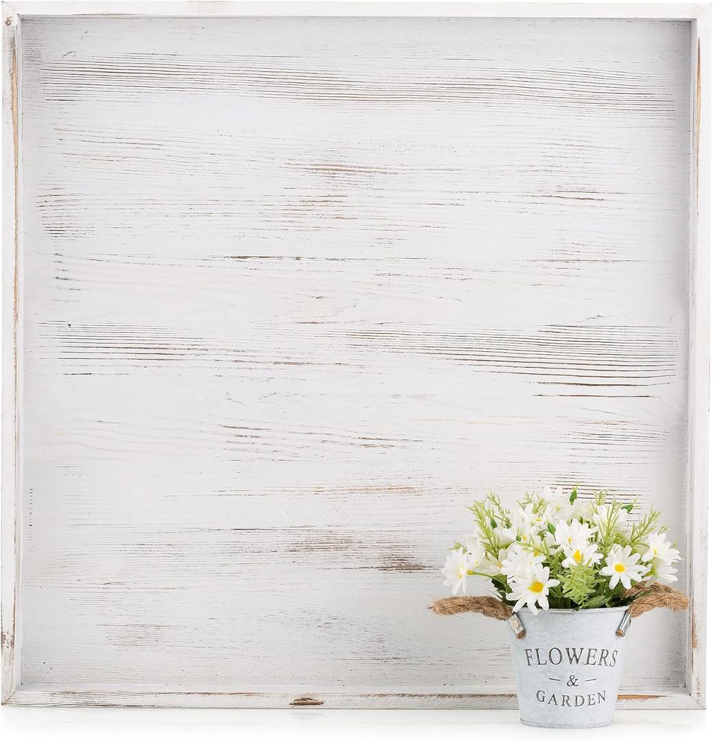 Hanobe Square Large Ottoman Tray: Extra Large Serving Trays with Handles Rustic Wood Whitewash Decorative Coffee Table - Farmhouse Home Decor for Living Room Kitchen Counter 22" x 22"
