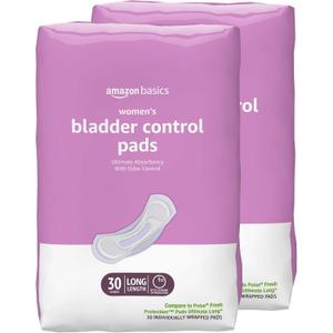 Amazon Basics Incontinence Pads for Women, Long, Bladder Control, Postpartum, Ultimate Absorbency, Unscented, with Odor Control, 60 Count (2 Packs of 30)