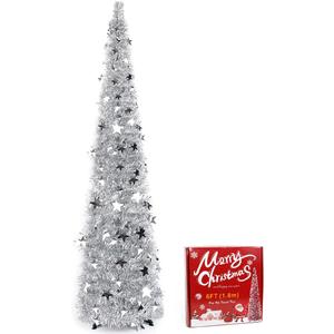 Pop up Christmas Tree 6FT Slim Christmas Tree 180cm Artificial Christmas Tree with Topper Star,Collapsible Pop Up Green Gold Colored Xmas Tree for Holiday Indoor Home Party Decor