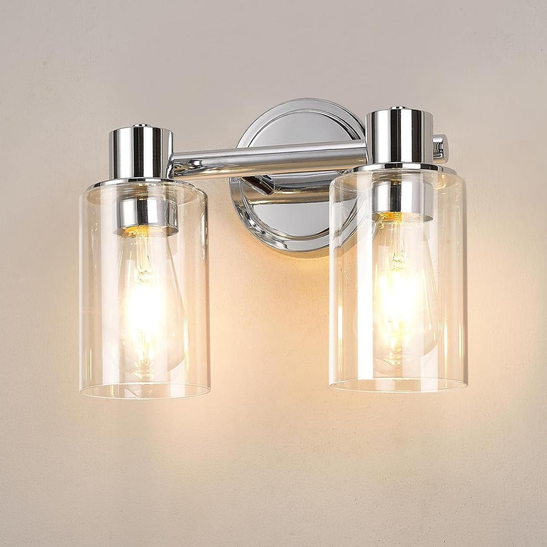 2 Light Bathroom Wall Sconce Light Fixtures with Clear Glass Bathroom Wall Lights Over Mirror Vanity Lights Chrome with E26 Base (2 Lights), Bulbs Are Not Included 