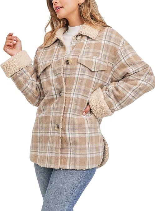 Dokotoo Winter Coats for Women Button Down Plaid Flannel Shirts Warm Sherpa Fleece Jacket size XXL , Khaki 
