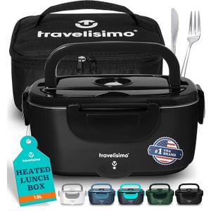TRAVELISIMO Electric Lunch Box for Adults 100W Heated Lunch Box For Men 1.5L Stainless Steel Portable Food Warmer, 12/24/110V for Travel & Work, Electric Lunch Boxes for Heating Lunch