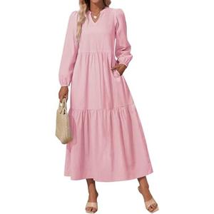 NENONA Women's 2025 Striped Long Sleeve Spring Maxi Dress V Neck Casual Flowy Lightweight Beach Vacation Dresses with Pockets Size S