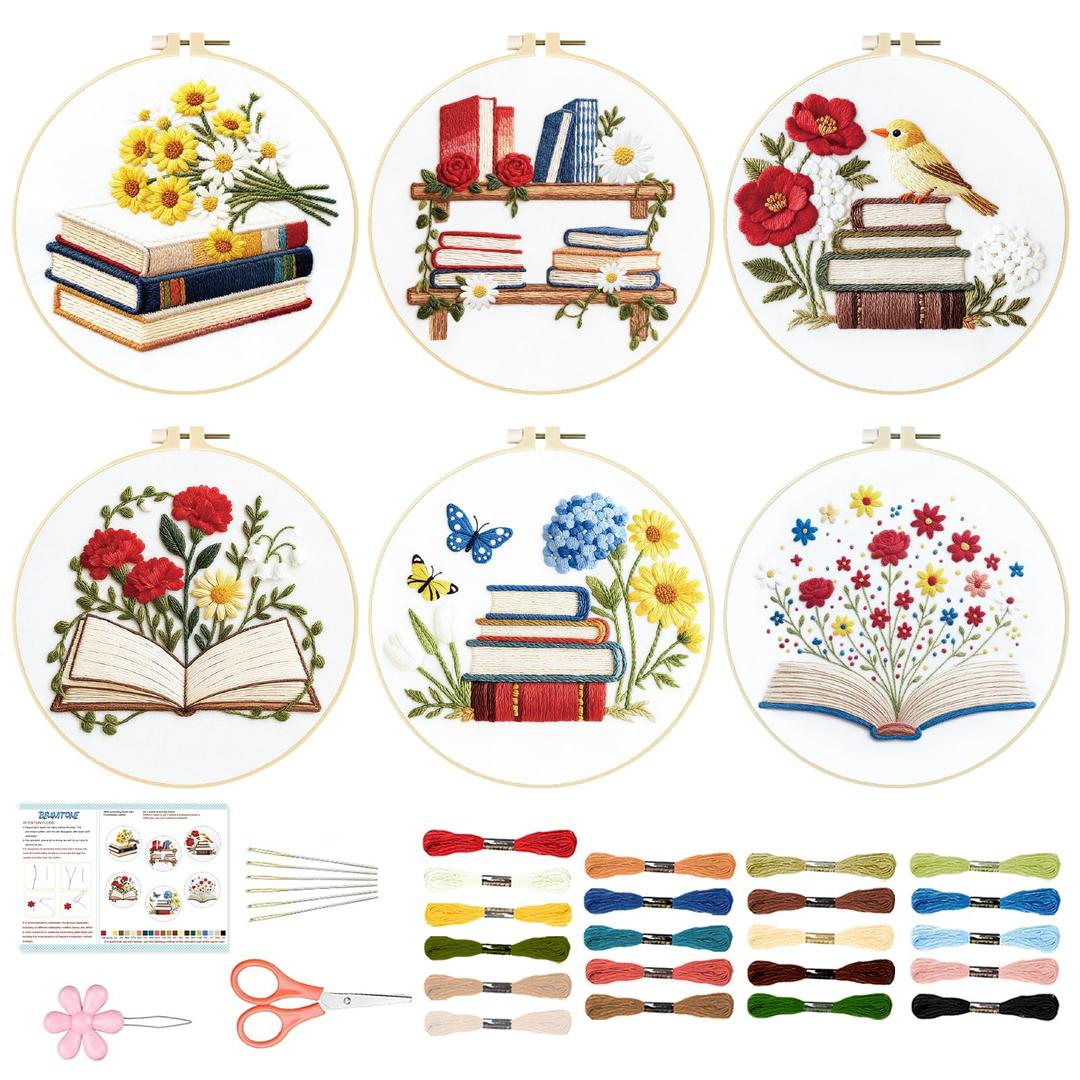 BEUNITONE Books Flowers Embroidery Kit, 6PC Literary Themed Cross Stitch Set for Book Lovers, Reading Hobby DIY Craft, Unique Home Decor Gift Idea