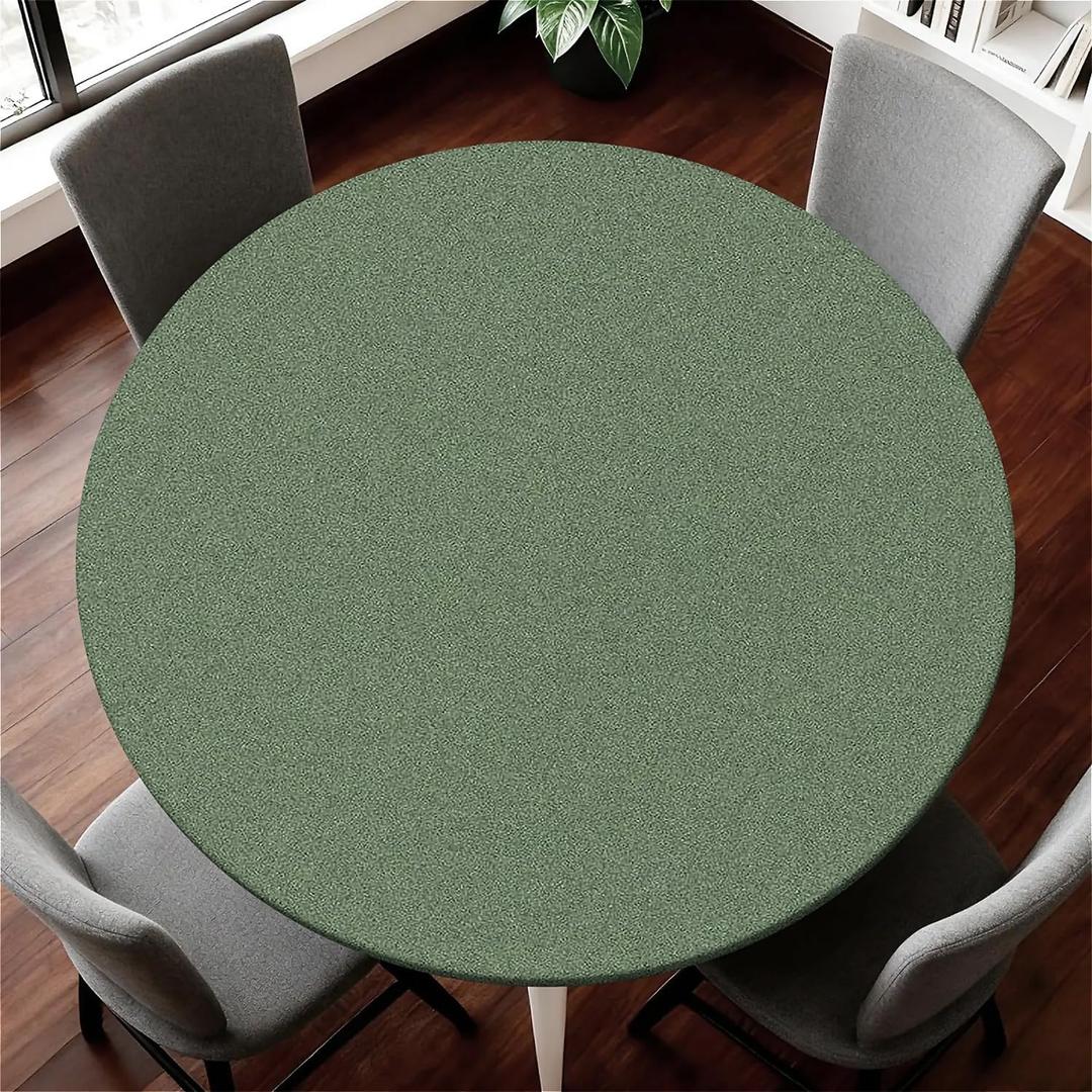 Round Tablecloth with Elastic Waterproof Table Cover for Up to 37"-44" Round Table, Oil Proof Circle Cover for Kitchen Dining Camping Picnic Party Holiday,Green