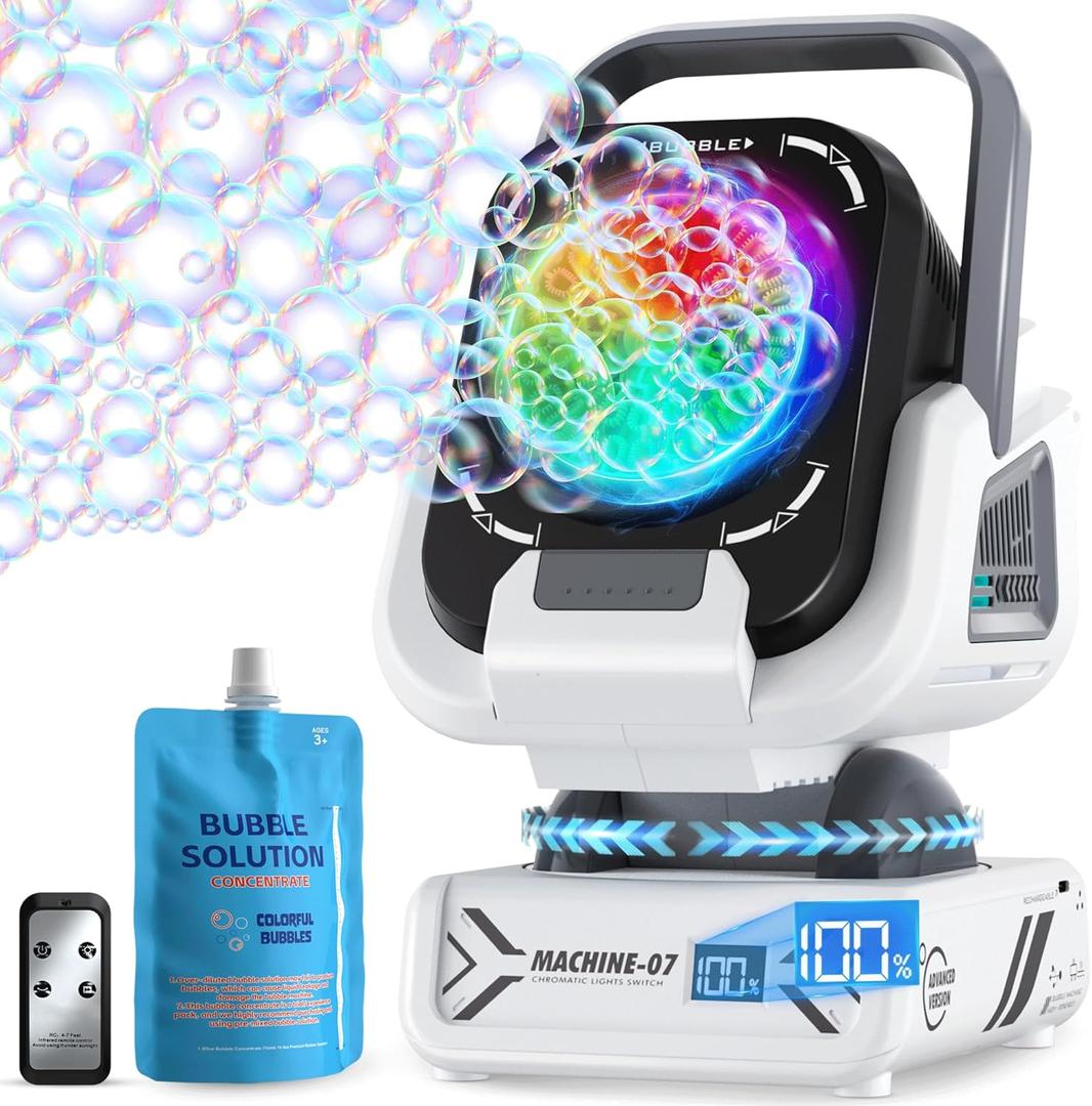 Bubble Machine,20000+ Per Minute Bubble Maker for Parties,Outdoor Toys for Kids,Rechargeable/with Remote Control / 7 Color RGB Lights,Wedding Birthday Party, Bubble Blower for Boys & Girls (White)