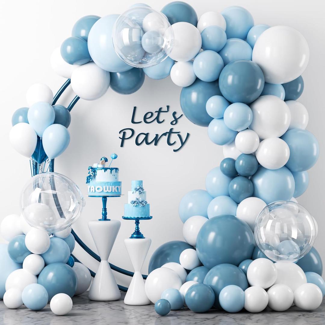 YAOWKY Dusty Blue and White Balloons Garland Arch Kit,111pcs 18 12 5 Inch White Blue and Bobo Latex Balloons for Baby Shower, Graduation, Wedding, Bridal Shower, Birthday Party Decorations