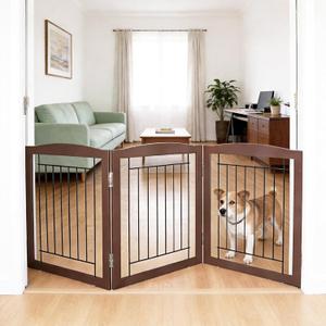 ZJSF Freestanding Foldable Dog Gate for House Extra Wide Wooden Brown Puppy Gate Stairs Dog Gates Doorways Tall Pet Gate 24 "Height 3 Panels Pet Fence