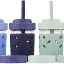 Elk and Friends Kids + Toddler Glass Cups | The Original 8oz Glass Mason Jar with Sleeves + Lids | Silicone Straws + Stopper | Smoothie Cup | Food Storage | Spill Resistant | Dishwasher Safe | 4 Pack