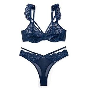 Avidlove Lace Ruffle Two Piece Lingerie Sets Women Wireless Breathable Bra and Thong Sets, Navy Blue, XL