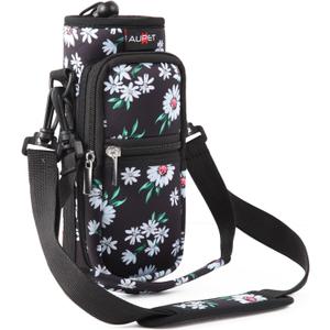 AUPET Water Bottle Sling Bag Sleeve Holder Carrier, Insulated Crossbody Water Bottle Case Cover with Strap and Pockets for Men/ Women Walking Hiking Camping, 25  Oz, White Flowers