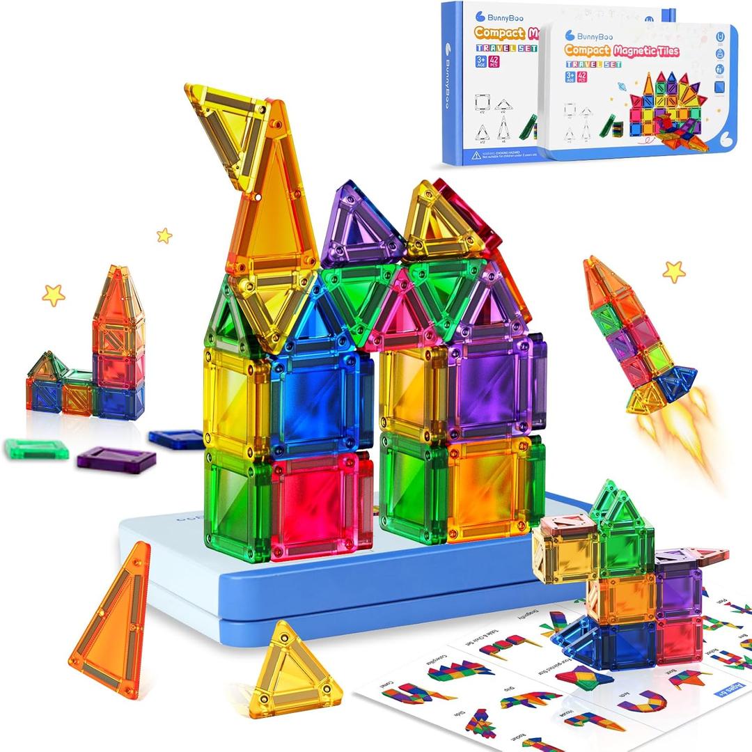 Travel Magnetic Tiles Toddler Toy Set, 42PC Mini Magnetic Tiles & Building Blocks for Kids, Portable STEM Sensory Toys for Restaurant & Airplane, Gift for 3+ Years Old Boys Girls with Iron Case