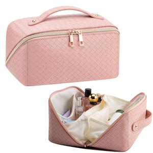 Large Capacity Travel Makeup Bag for Women, Waterproof Portable Cosmetic Bag with Compartments, Foldable Flat Lay Design for Easy Access, Perfect for Toiletries & Beauty Essentials (Pink)