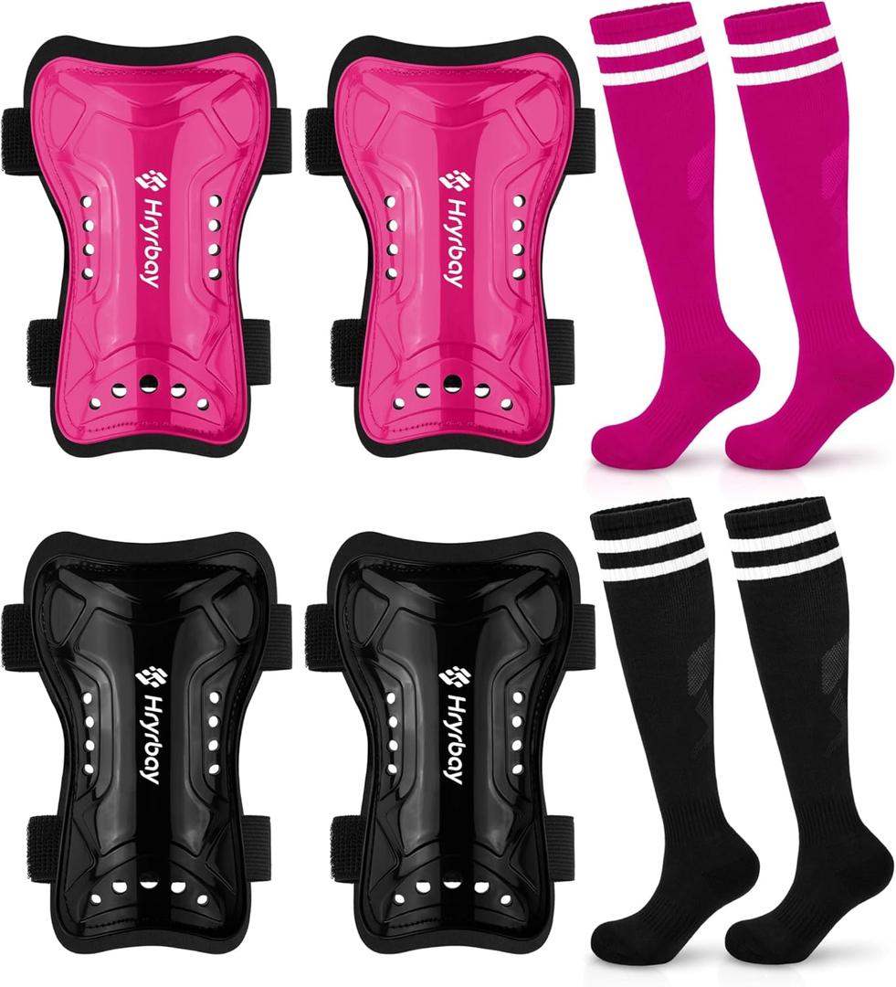 Hryrbay Kids Soccer Shin Guards and Socks Toddler Soccer Shin Pads Protective Defender Gear for Boys Girls Ages 3-15 Great for Training, Matches, Inspired by the World Cup (Medium, Black, Rose Red)