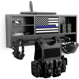 Police Gear Rack for Gun Storage, Tactical Police Hanger with Hooks, Police Gear Stand Wall-Mounted with Password Lock Safe & Decorative Flags, Black