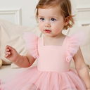 KARETT Baby Girl Romper Flutter Sleeve Back Bowknot Cotton Summer Dress with Diaper  (1-2T, Pink)