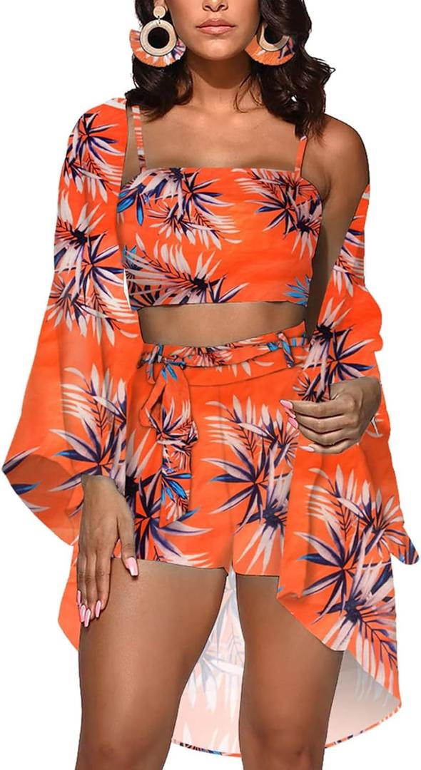 KEYUFANG Women 3 Piece Vocation Outfits Summer Suit Floral Kimono Cardigans Beach Cover Up Crop Cami Top Short Set (Small, Orange)