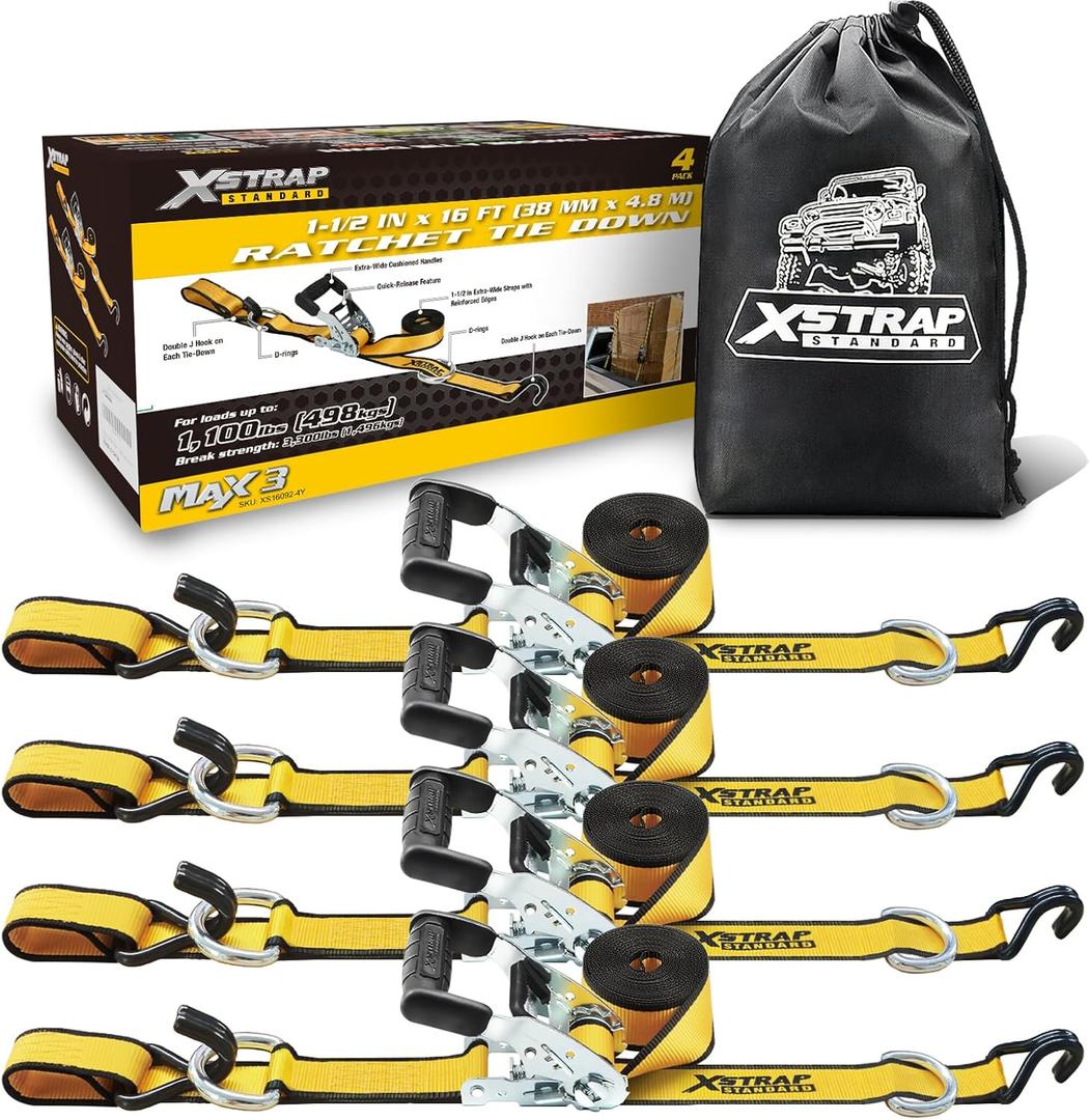 XSTRAP STANDARD 4 Pack 1.5" x 16' Ratchet Straps Double J Hook - 1,100 lb Capacity, 3,300 lb Break Strength, Heavy Duty Tie Down Straps for Truck, Motorcycle & Cargo Hauling