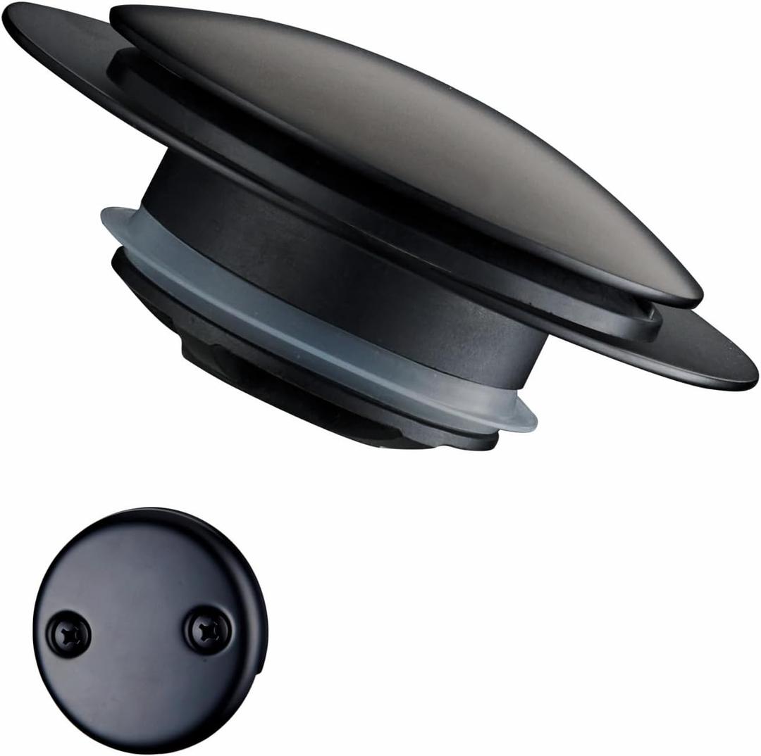 Black Tub Drain Stopper,Welsan Universal Pop Up Bathtub Stopper Replacement Tip Toe, Lift and Turn with 2-Hole Overflow Face Plate Cover and EZ Bath Tub Plug Stopper (Matte Black)