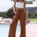 Faleave Women's Cotton Linen Summer Palazzo Pants Flowy Wide Leg Beach Trousers with Pockets (Brown, L)