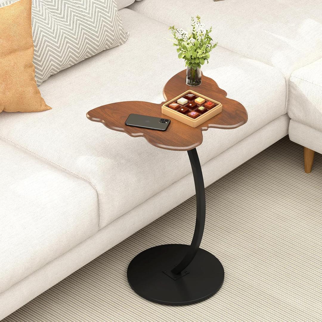 C Shaped End Table, Unique Butterfly Side Table for Couch, Modern Small Side Tables with Metal Frame Slide Under Sofa and Bed, Living Room, Bedroom