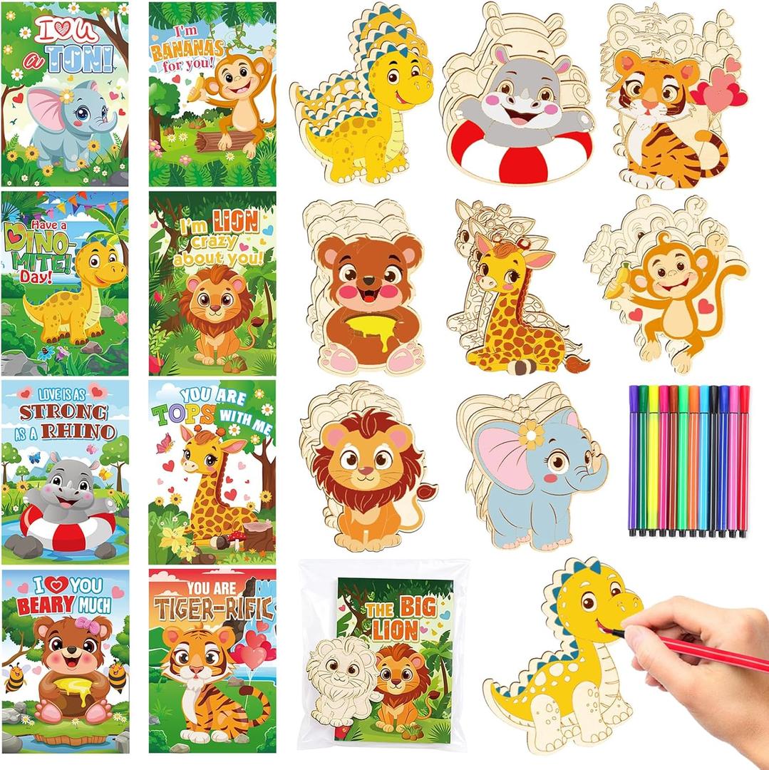 HOWAF Valentines Day Gift for Kids, 24 Pack DIY Jungle Animals Dinosaurs Wood Painting Craft Kit with Cards Paint Pens, Valentine Exchange Gift Cards for Classroom School Party Favors