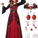 Vampire Costume for Women with teeth Accessories Gothic Vampire Dress Halloween Witch Costume Adult (Medium, Red)
